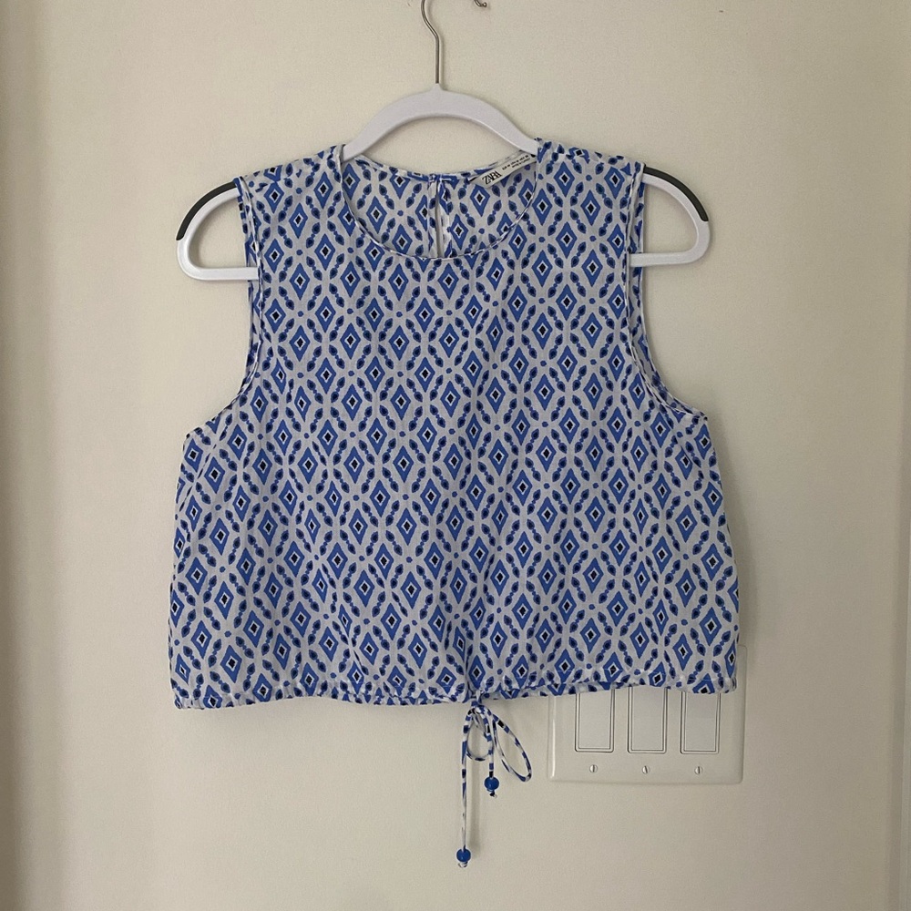 Zara Ava Blue Geometric Crop Top with Beaded Drawstring